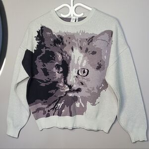 Twik Gray and Black Cat Graphic Sweater L